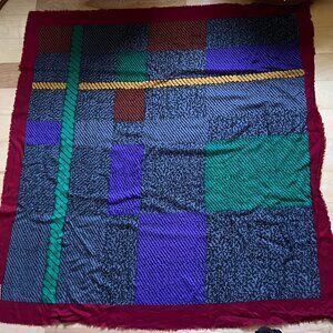 Vintage Rodier Scarf 100% wool multicolor oversize blue burgundy 50 x 53